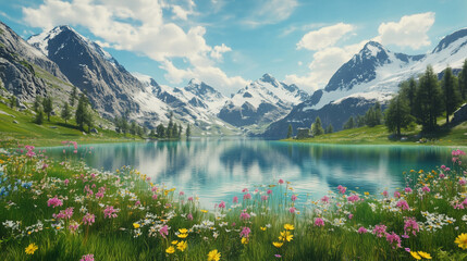 Hidden Alpine Meadow with Snow-Capped Peaks, Wildflowers, and Tranquil Blue Lake