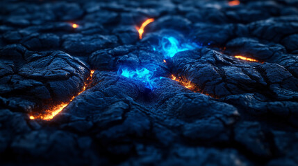 Glowing underwater volcanic vent with vibrant lava formations, crystal clear water, and striking color contrast in ocean depths, captured in wide high-angle shot with symmetrical lines