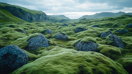 Untouched mossy valley with smooth silver boulders, deep blue and green landscape, low-angle view, perfect symmetry, soft texture, peaceful natural scenery