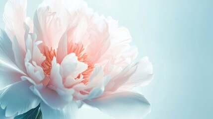 Beautiful close-up of a peony blossom in full bloom, with soft, delicate petals and a white-light blue background