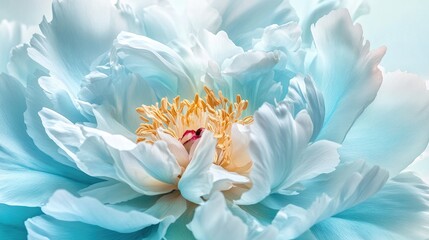 Beautiful peony blossom captured in macro photography, showcasing intricate petals against a soft white-light blue background for a stunning floral look