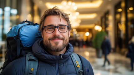 Obraz premium A cheerful man with glasses and a backpack smiles at the camera in a modern indoor environment, illuminated by soft lights, conveying a sense of adventure and comfort.