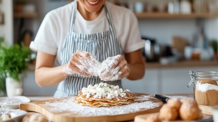A woman in a striped apron smiling while making pancakes in her kitchen. She is using her hands to handle cottage cheese over the pancakes, creating a happy and lively atmosphere.