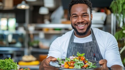 A smiling chef proudly presents a dish filled with fresh ingredients in a professional kitchen, showcasing his culinary skills and love for cooking in a welcoming environment.
