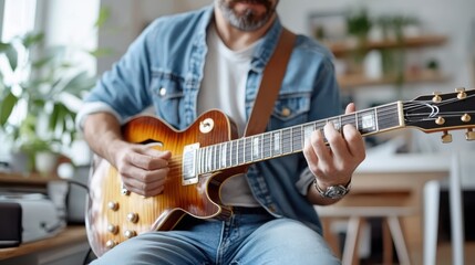 A man in a casual outfit plays an electric guitar in his home, surrounded by natural light and a relaxed atmosphere, enjoying his musical performance.