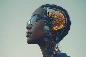 Cognitive robotics cognitive augmentation neural bio circuitry digital brain and neural computing woman with visible brain implant and neural circuits in a modern tech environment