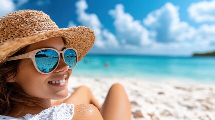 A woman is enjoying a sunny day at the beach, smiling brightly while wearing a straw hat and reflective sunglasses with the blue sea and sky as her beautiful backdrop.