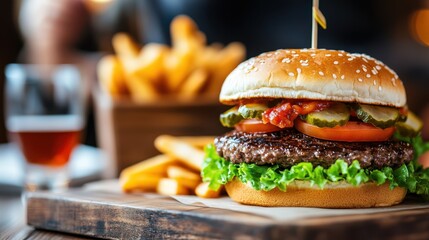 A mouthwatering close-up of a juicy burger topped with pickles and lettuce, accompanied by a side of crispy golden fries, placed on a well-presented table setting.