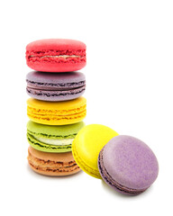Sweet colorful varied assortment macarons cookies with filling isolated on a white background. Handmade traditional sweets. Clipping Path.