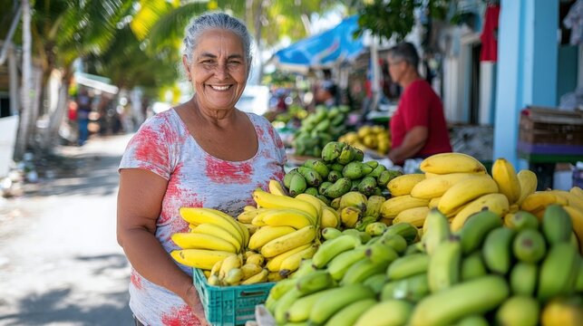 A cheerful elderly woman stands at a market stall filled with bananas and other fruits, under the tropical canopy, representing a vibrant local marketplace scene.