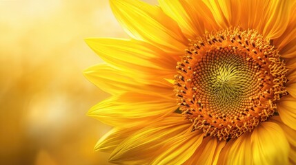Naklejka premium Elegant macro shot of a sunflower, with its radiant petals and detailed center, set on a soft white-light golden background