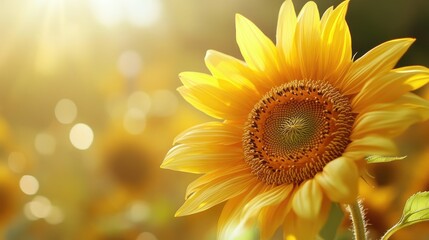 Obraz premium Elegant macro shot of a sunflower, with its radiant petals and detailed center, set on a soft white-light golden background