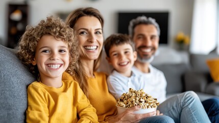 Fototapeta premium A family of four, mother, father, and two young children, sitting closely together on a couch, sharing popcorn and smiling, enjoying each other's company indoors.