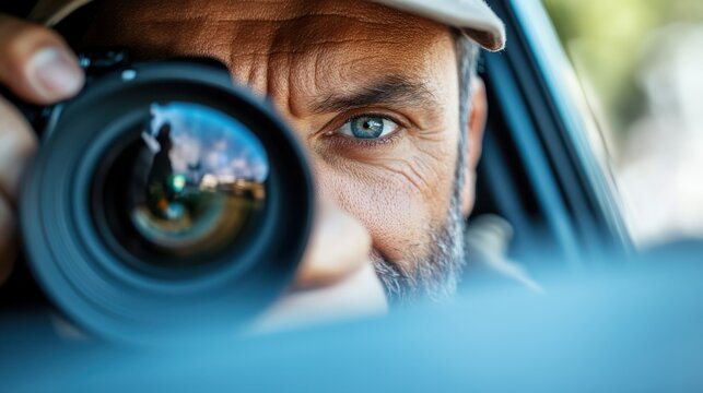 A close-up image of a man aiming a camera, focusing intently through the viewfinder for the perfect shot, emphasizing photography, precision, and the art of capturing moments.
