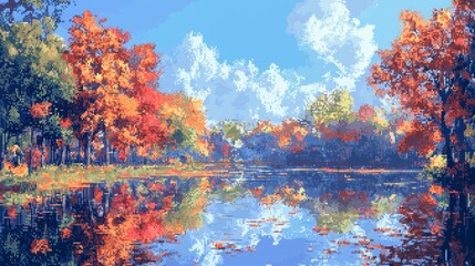 Naklejka premium Autumn Forest Lake Reflection Landscape Digital Art