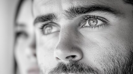 Naklejka premium A high-contrast black-and-white portrait of two thoughtful individuals, one in the foreground and one in the background, exuding a sense of contemplation and depth.