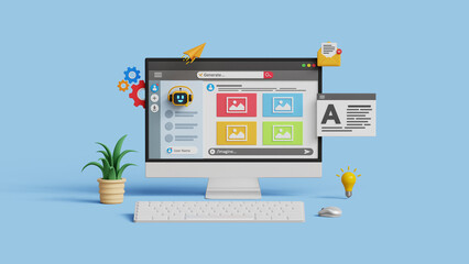 Generative AI. Artificial intelligence content generator. AI evolution. Prompt engineering. 3D AI chatbot generate images on a computer