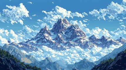 Obraz premium Pixel Art Mountain Landscape with Clouds and Sky