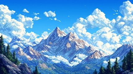 Obraz premium Pixelated Mountain Landscape with Clouds and Forest