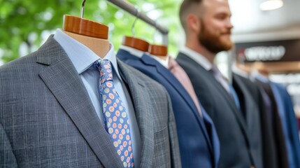 A collection of stylish and elegant suits displayed on mannequins in a contemporary clothing store, showcasing a variety of designs and colors, perfect for fashionable shoppers.