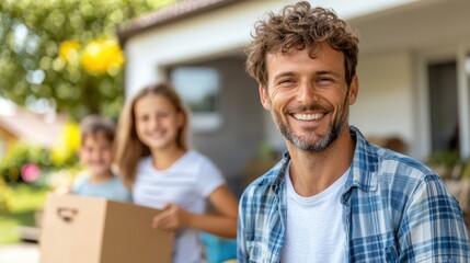 Fototapeta premium A smiling father stands in front of his children who are carrying moving boxes. The photo captures the excitement of a new beginning and familial bonding.