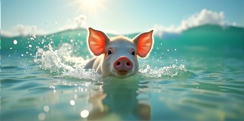A pig swims in a clear sea