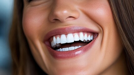 A close-up image of a woman smiling broadly, showing her perfect white teeth, with her face partially visible and a blurred background emphasizing the focus on her smile.