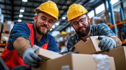 Two bearded warehouse workers wearing hard hats and gloves are smiling as they handle cardboard boxes, illustrating teamwork and collaborative effort in a bustling workspace.