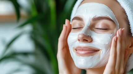 A woman is seen enjoying a relaxing facial mask treatment at home, her face covered with a creamy mask and a towel wrapped around her head, reveling in self-care.