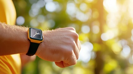 A close-up image of a person checking the time on their wristwatch in bright, natural sunlight, highlighting the wristwatch's face and the cuff of the wearer's yellow shirt sleeve.