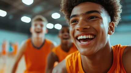 A close-up shot of joyful basketball players wearing orange jerseys, smiling and laughing indoors, capturing their energy and camaraderie during a practice or game session.