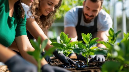 Three adults are engaging in gardening, focusing on nurturing young plants in a garden bed with vibrant green foliage, enjoying a productive and fulfilling outdoor activity.