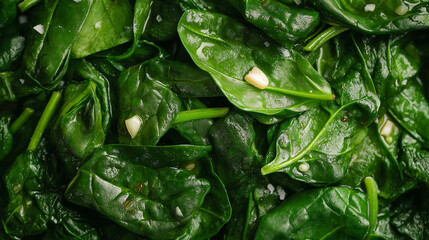 Fototapeta premium a close-up, top-down view of sautã©ed spinach with garlic, filling the entire frame with the focus on the glistening greens