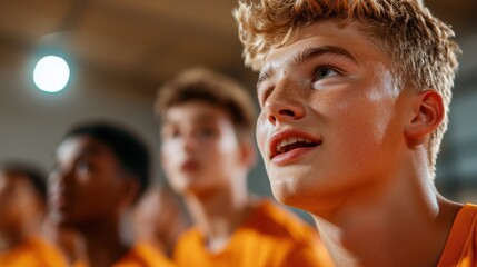 A focused young basketball player with a blond hair sitting among teammates, attentively watching something, highlighting the concentration and eagerness in their expressions.