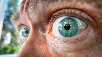 An extreme close-up capturing a man's surprised blue eyes with visible pupils and detailed textures. The image emphasizes the element of sudden amazement.