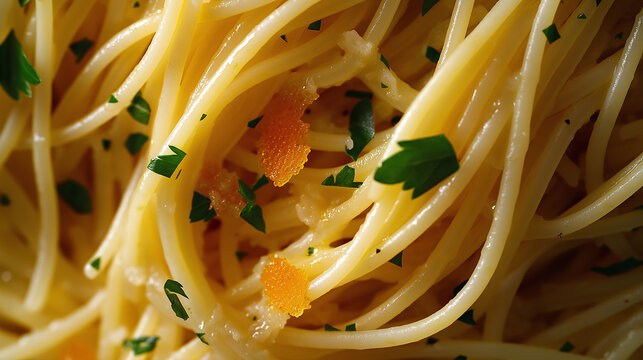 a close-up, top-down view of spaghetti with bottarga, filling the entire frame with the focus on the pasta's intricate details