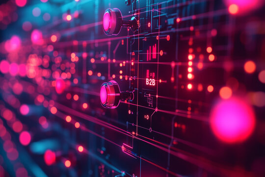 "B2B" in a modern, interconnected network design, with various industries represented in the background.