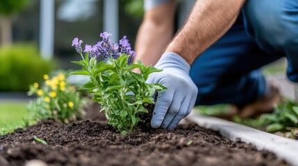 Fototapeta premium Close-up of hands with gloves planting blooming flowers in a garden bed, showcasing the delicate task and care in nurturing garden plants; flowers in bloom are focus.