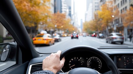 Naklejka premium A view from inside a car, showing a hand on the steering wheel, and a bustling city street lined with autumn trees shedding leaves, capturing the essence of city life and seasonal change.