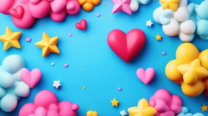 Colorful 3D Pop Frame with Stars, Hearts, and Clouds - Playful and Dynamic Background Design