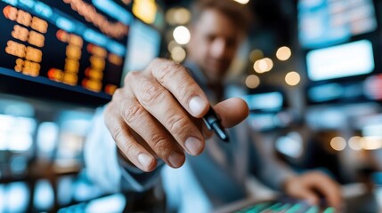 A focused man engages in stock trading, pointing towards the camera amidst vibrant screens displaying stock information, portraying a dynamic and fast-paced trading environment.