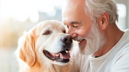 A heartwarming image of an elderly man with grey hair, smiling as he affectionately interacts with his golden retriever, capturing a moment of companionship and love.