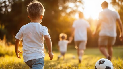 Obraz premium Two children and their parents are playing soccer in a sunlit field. They are wearing casual clothing, enjoying a fun, family time together outdoors under the beautiful clear sky.