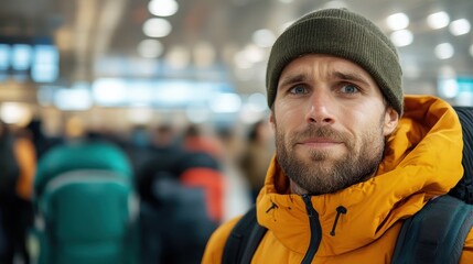 A man wearing an orange jacket and a beanie stands in a busy station or airport, with a determined expression, ready for his upcoming adventure.