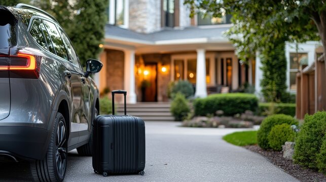 A black suitcase resting next to a gray SUV, parked in a driveway in front of a modern house, suggesting travel and the comforts of homecoming or departure. - Powered by Adobe