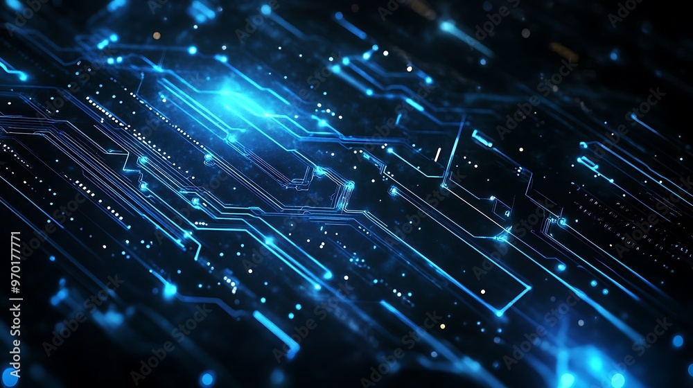 Poster glowing blue circuit board with diagonal lines and points of light