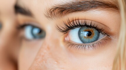 Obraz premium A detailed close-up of a person’s blue and green eye, emphasizing the intricate beauty and complexity of human vision and expressive facial features.