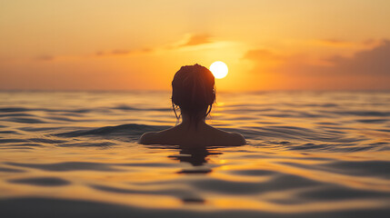a woman swimming in the sea with a beautiful sunset
