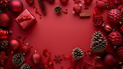 Festive red Christmas border with ornaments, pinecones, and gifts framing empty center space, perfect for holiday designs or personalized greetings.