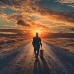 A businessman walks down a deserted road at sunset, carrying a suitcase towards the horizon in a tranquil landscape. Concept of long journey, hard work, contemplation